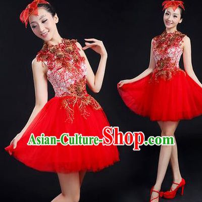 Traditional Chinese Modern Dancing Costume, Women Opening Classic Chorus Singing Group Dance Paillette Costume, Modern Dance Short Red Bubble Dress for Women