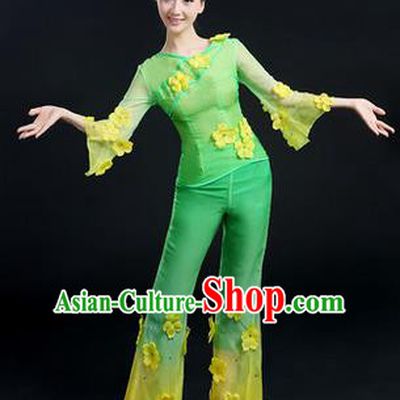 Traditional Chinese Yangge Fan Dancing Costume, Folk Dance Yangko Costume Drum Dance Jasmine Flower Clothing for Women
