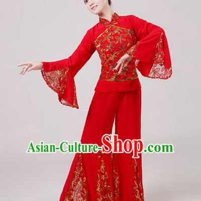 Traditional Chinese Yangge Fan Dancing Costume, Folk Dance Yangko Costume Drum Dance Embroidered Red Clothing for Women