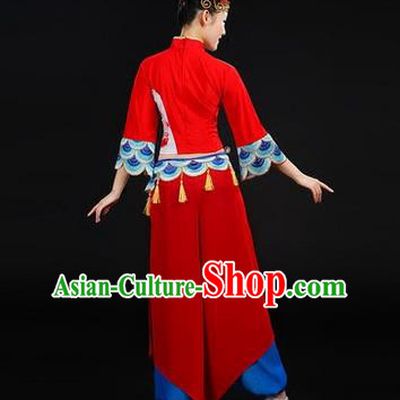 Traditional Chinese Yangge Fan Dancing Costume, Folk Dance Yangko Costume Drum Dance Peony Red Clothing for Women