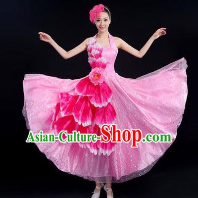 Traditional Chinese Modern Dancing Costume, Women Opening Classic Chorus Singing Group Dance Peony Costume, Folk Dance Costume, Modern Dance Pink Dress for Women