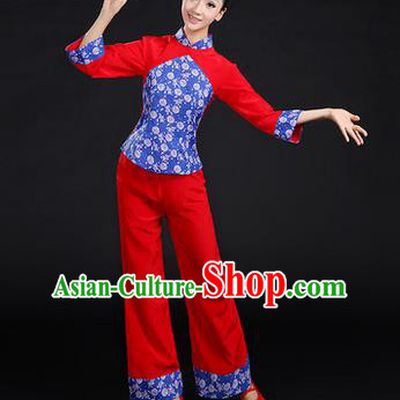 Traditional Chinese Yangge Fan Dancing Costume, Folk Dance Yangko Costume Drum Dance Stand Collar Clothing for Women