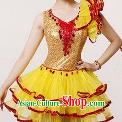 Traditional Chinese Modern Dancing Costume, Women Opening Classic Stage Performance Chorus Singing Group Dance Paillette Costume, Modern Dance Yellow Bubble Dress for Women