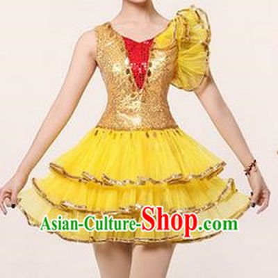 Traditional Chinese Modern Dancing Costume, Women Opening Classic Stage Performance Chorus Singing Group Dance Paillette Costume, Modern Dance Yellow Bubble Dress for Women
