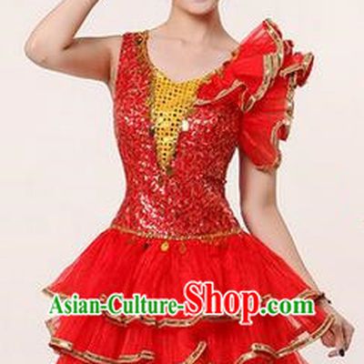 Traditional Chinese Modern Dancing Costume, Women Opening Classic Stage Performance Chorus Singing Group Dance Paillette Costume, Modern Dance Red Bubble Dress for Women