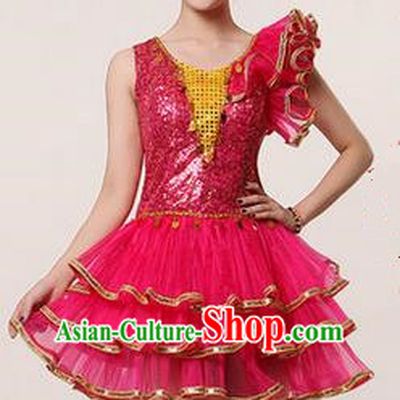 Traditional Chinese Modern Dancing Costume, Women Opening Classic Stage Performance Chorus Singing Group Dance Paillette Costume, Modern Dance Rose Bubble Dress for Women