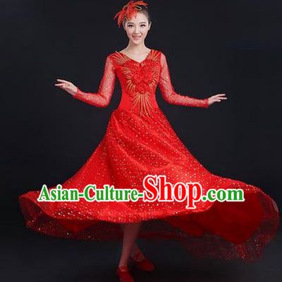 Traditional Chinese Modern Dancing Costume, Women Opening Classic Stage Performance Chorus Singing Group Dance Paillette Costume, Modern Dance Long Red Dress for Women