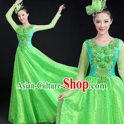 Traditional Chinese Modern Dancing Costume, Women Opening Classic Stage Performance Chorus Singing Group Dance Paillette Costume, Modern Dance Long Green Dress for Women