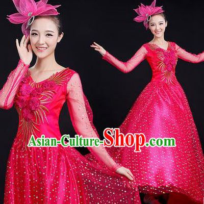 Traditional Chinese Modern Dancing Costume, Women Opening Classic Stage Performance Chorus Singing Group Dance Paillette Costume, Modern Dance Long Rose Dress for Women