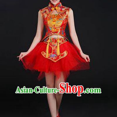 Traditional Chinese Modern Dancing Costume, Women Opening Classic Chorus Singing Group Dance Costume, Modern Dance Mandarin Collar Bubble Red Dress for Women