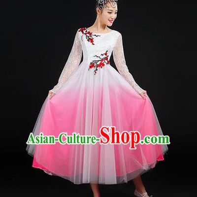 Traditional Chinese Modern Dancing Costume, Women Opening Classic Chorus Singing Group Dance Costume, Modern Dance Embroider Plum Blossom Bubble Dress for Women