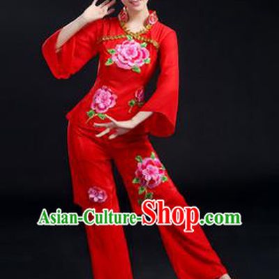 Traditional Chinese Yangge Fan Dancing Costume, Folk Dance Yangko Costume Drum Dance Red Peony Clothing for Women