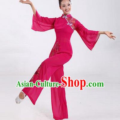 Traditional Chinese Yangge Fan Dancing Costume, Folk Dance Yangko Costume Drum Dance Pink Embroider Clothing for Women