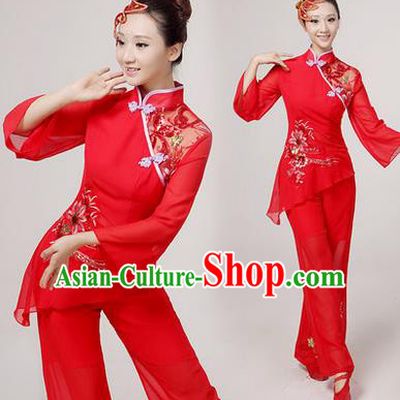 Traditional Chinese Yangge Fan Dancing Costume, Folk Dance Yangko Costume Drum Dance Red Embroider Clothing for Women