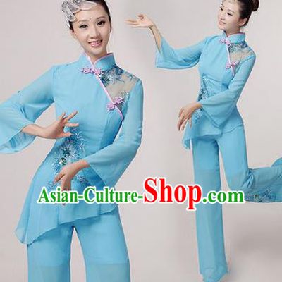 Traditional Chinese Yangge Fan Dancing Costume, Folk Dance Yangko Costume Drum Dance Blue Embroider Clothing for Women