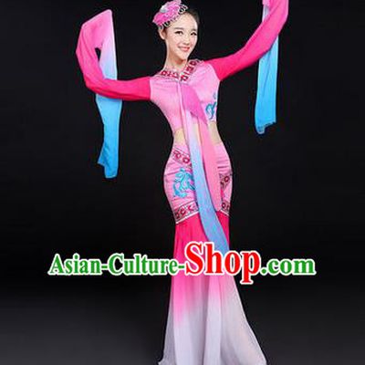 Traditional Chinese Yangge Fan Dancing Costume, Folk Dance Yangko Water-Sleeve Costume Drum Dance Pink Fairy Hanfu Clothing for Women