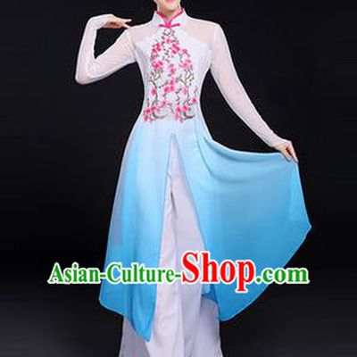 Traditional Chinese Modern Dancing Costume, Women Opening Classic Chorus Singing Group Dance Costume, Folk Dance Yangko Plum Blossom Costume, Modern Dance Blue Dress for Women