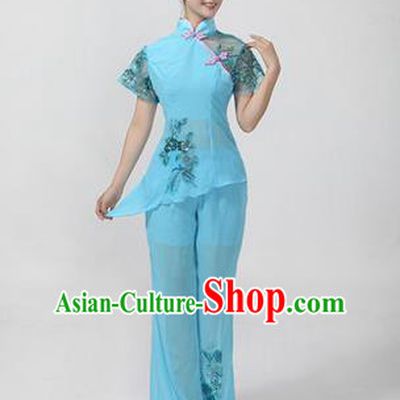 Traditional Chinese Yangge Fan Dancing Costume, Folk Dance Yangko Costume Drum Dance Classic Dance Blue Clothing for Women