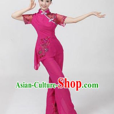 Traditional Chinese Yangge Fan Dancing Costume, Folk Dance Yangko Costume Drum Dance Classic Dance Rose Clothing for Women