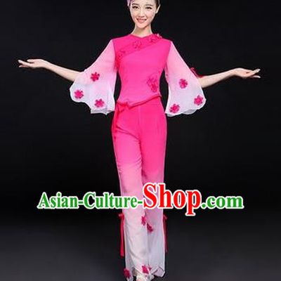 Traditional Chinese Yangge Fan Dancing Costume, Folk Dance Yangko Costume Drum Dance Classic Dance Jasmine Flower Pink Clothing for Women
