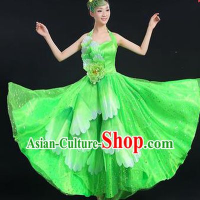 Traditional Chinese Modern Dancing Costume, Women Opening Classic Chorus Singing Group Dance Costume, Folk Dance Yangko Peony Costume, Modern Dance Green Dress for Women