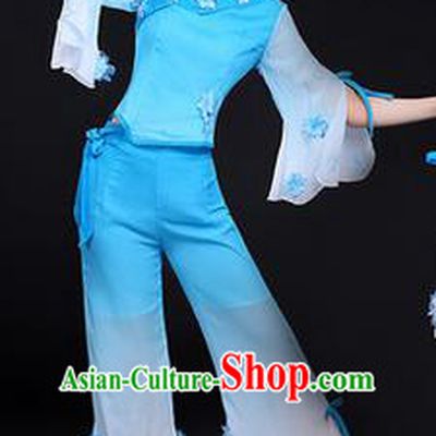 Traditional Chinese Yangge Fan Dancing Costume, Folk Dance Yangko Costume Drum Dance Classic Dance Jasmine Flower Blue Clothing for Women