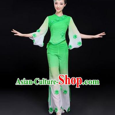 Traditional Chinese Yangge Fan Dancing Costume, Folk Dance Yangko Costume Drum Dance Classic Dance Jasmine Flower Blue Clothing for Women