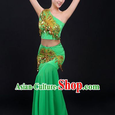 Traditional Chinese Dai Nationality Peacock Dancing Costume, Folk Dance Ethnic Paillette Dress, Chinese Minority Nationality Classic Dance Green Costume for Women