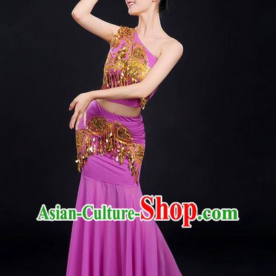 Traditional Chinese Dai Nationality Peacock Dancing Costume, Folk Dance Ethnic Paillette Dress, Chinese Minority Nationality Classic Dance Purple Costume for Women