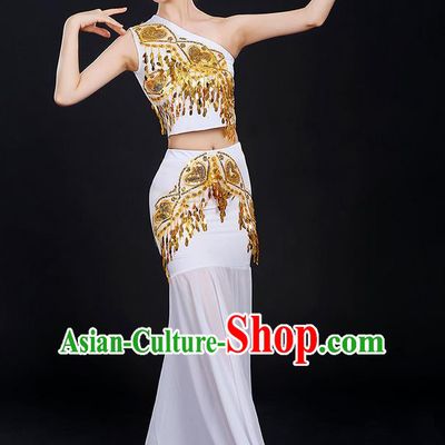 Traditional Chinese Dai Nationality Peacock Dancing Costume, Folk Dance Ethnic Paillette Dress, Chinese Minority Nationality Classic Dance White Costume for Women