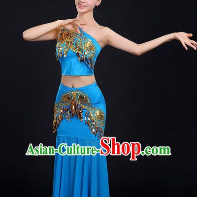 Traditional Chinese Dai Nationality Peacock Dancing Costume, Folk Dance Ethnic Paillette Dress, Chinese Minority Nationality Classic Dance Blue Costume for Women