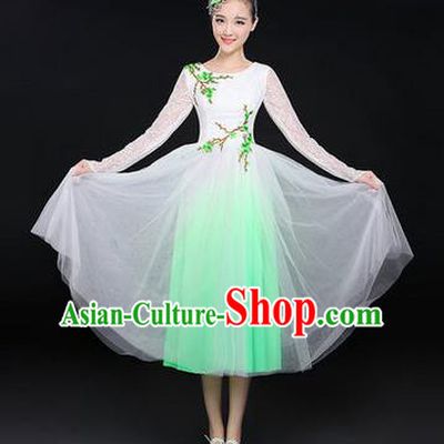 Traditional Chinese Modern Dancing Costume, Women Opening Classic Chorus Singing Group Dance Paillette Costume, Classic Dance Plum Blossom Costume, Modern Dance Long Green Dress for Women