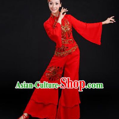 Traditional Chinese Yangge Fan Dancing Costume, Folk Dance Yangko Costume Drum Dance Embroidered Red Clothing for Women