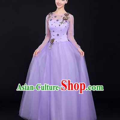 Traditional Chinese Modern Dancing Costume, Women Opening Classic Chorus Singing Group Dance Costume, Modern Dance Purple Bubble Dress for Women
