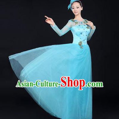 Traditional Chinese Modern Dancing Costume, Women Opening Classic Chorus Singing Group Dance Costume, Modern Dance Blue Bubble Dress for Women