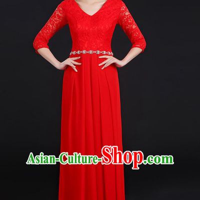 Traditional Chinese Modern Dancing Costume, Women Opening Classic Chorus Singing Group Dance Lace Clothing, Modern Dance Long Red Dress for Women