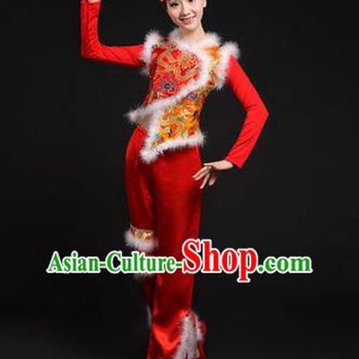 Traditional Chinese Yangge Fan Dancing Costume, Classic Dance Folk Dance Yangko Costume Drum Dance Red Dragon Clothing for Women