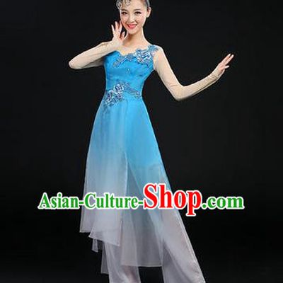Traditional Chinese Yangge Fan Dancing Costume, Opening Dance Costume, Classic Dance Folk Dance Yangko Costume Drum Dance Blue Peony Clothing for Women