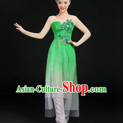 Traditional Chinese Yangge Fan Dancing Costume, Opening Dance Costume, Classic Dance Folk Dance Yangko Costume Drum Dance Green Peony Clothing for Women