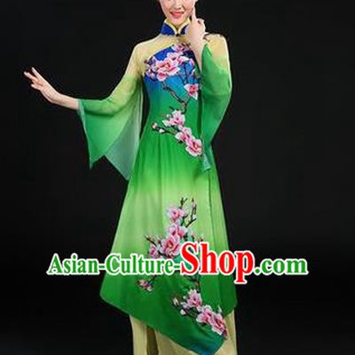 Traditional Chinese Yangge Fan Dancing Costume, Opening Dance Costume, Classic Dance Folk Dance Yangko Costume Drum Dance Green Peach Blossom Clothing for Women