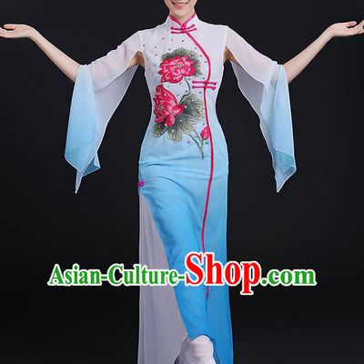 Traditional Chinese Yangge Fan Dancing Costume, Opening Dance Costume, Classic Dance Folk Lotus Dance Yangko Costume Drum Dance Blue Clothing for Women