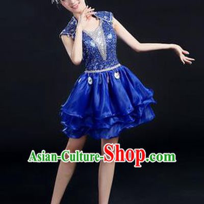Traditional Chinese Modern Dancing Costume, Women Opening Classic Chorus Singing Group Dance Paillette Costume, Modern Dance Short Blue Peony Dress for Women