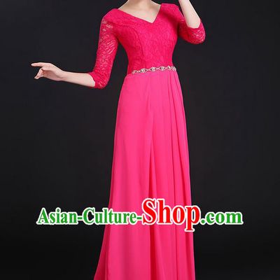 Traditional Chinese Modern Dancing Costume, Women Opening Classic Chorus Singing Group Dance Lace Clothing, Modern Dance Long Pink Dress for Women