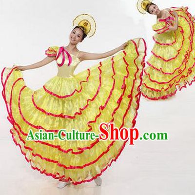 Traditional Chinese Modern Dancing Costume, Women Opening Classic Chorus Singing Group Dance Costume, Modern Dance Big Swing Yellow Dress for Women