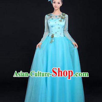 Traditional Chinese Modern Dancing Costume, Women Opening Classic Chorus Singing Group Dance Costume, Modern Dance Big Swing Embroidered Blue Long Dress for Women