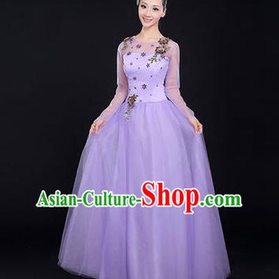 Traditional Chinese Modern Dancing Costume, Women Opening Classic Chorus Singing Group Dance Costume, Modern Dance Big Swing Embroidered Purple Long Dress for Women