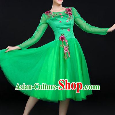 Traditional Chinese Modern Dancing Costume, Women Opening Classic Chorus Singing Group Dance Costume, Modern Dance Big Swing Embroidered Green Short Dress for Women