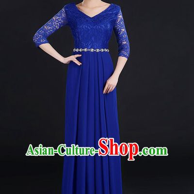 Traditional Chinese Modern Dancing Costume, Women Opening Classic Chorus Singing Group Dance Lace Clothing, Modern Dance Long Blue Dress for Women