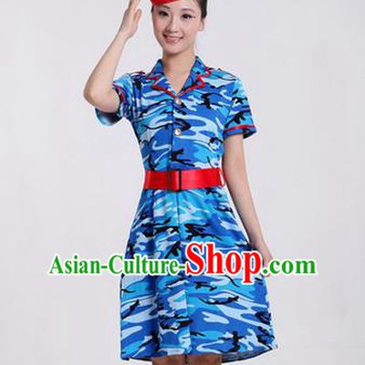 Traditional Chinese Modern Dancing Costume, Women Opening Classic Chorus Singing Group Dance Costume, Modern Dance Camouflage Blue Dress for Women