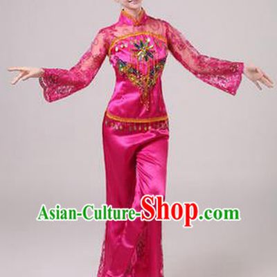 Traditional Chinese Yangge Fan Dancing Costume, Folk Dance Yangko Paillette Dress Costume, Classic Dance Drum Dance Rose Embroidered Clothing for Women